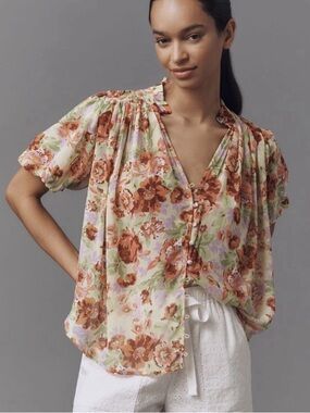 Anthropologie - The Estela - Short Sleeve - Sheer Floral Printed Blouse Plus 1X